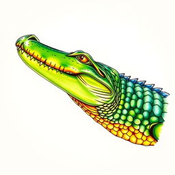 A colorful side-view drawing of a crocodile's head, highlighting the intricate details of its scaly skin and fierce expression