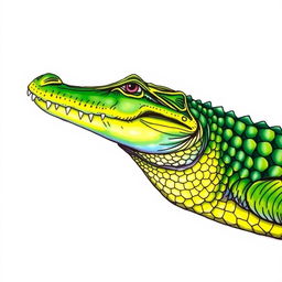 A colorful side-view drawing of a crocodile's head, highlighting the intricate details of its scaly skin and fierce expression