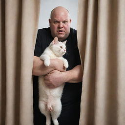 Create a realistically styled image of a hefty, bald man, infuriated and attempting to wreak havoc on a curtain. Nearby, a calm kitten looks on.