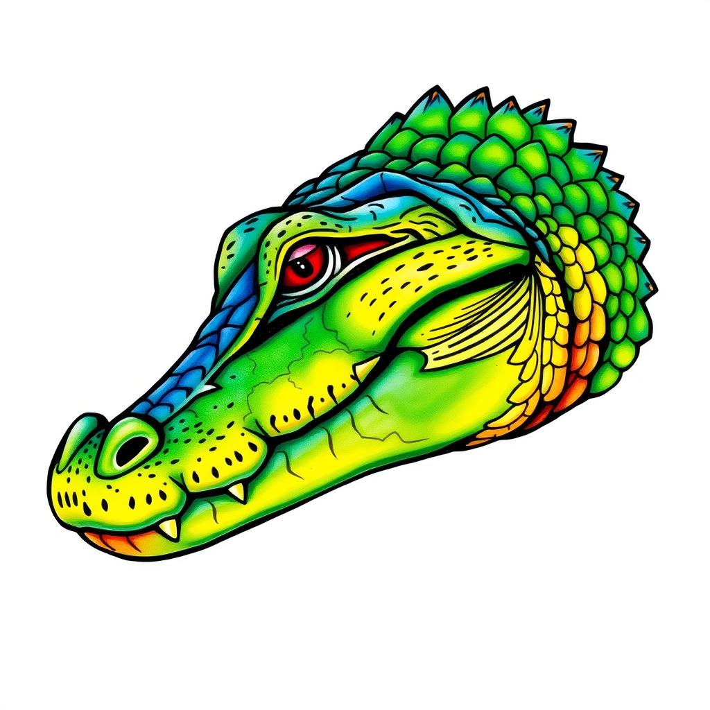 A colorful side-view drawing of a crocodile's head, highlighting the intricate details of its scaly skin and fierce expression