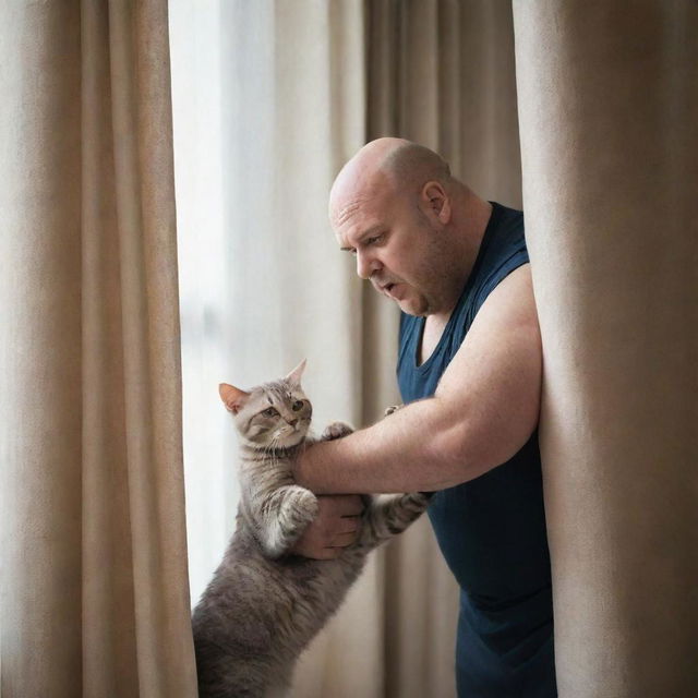 Create a realistically styled image of a hefty, bald man, infuriated and attempting to wreak havoc on a curtain. Nearby, a calm kitten looks on.