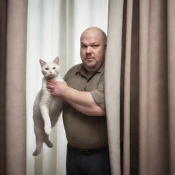 Create a realistically styled image of a hefty, bald man, infuriated and attempting to wreak havoc on a curtain. Nearby, a calm kitten looks on.