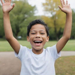 A 7-year-old boy with vitiligo, brown eyes, and black hair, is laughing joyfully, hands raised towards his head with a vibrant park setting as his backdrop.