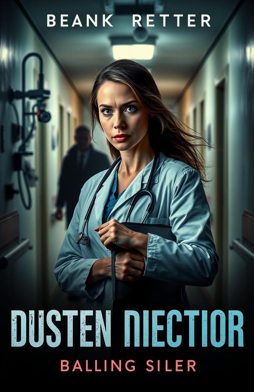 A suspenseful mystery book cover featuring a determined female doctor in a dimly lit hospital corridor