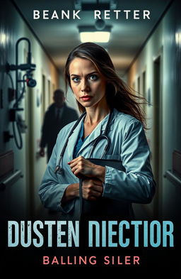 A suspenseful mystery book cover featuring a determined female doctor in a dimly lit hospital corridor