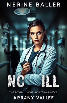 A suspenseful mystery book cover featuring a determined female doctor in a dimly lit hospital corridor