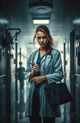 A suspenseful mystery book cover featuring a determined female doctor in a dimly lit hospital corridor