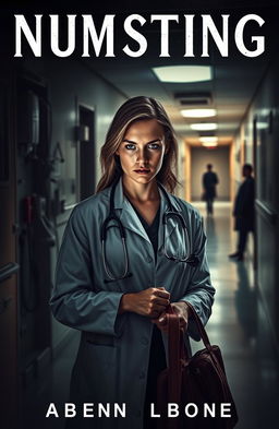 A suspenseful mystery book cover featuring a determined female doctor in a dimly lit hospital corridor