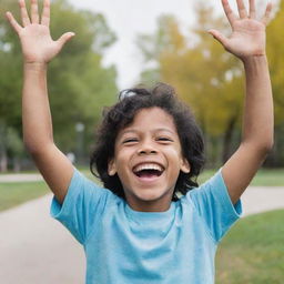 A 7-year-old boy with vitiligo, brown eyes, and black hair, is laughing joyfully, hands raised towards his head with a vibrant park setting as his backdrop.