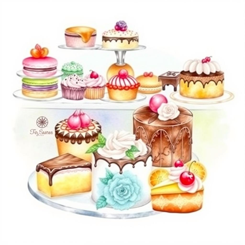 A beautiful watercolor painting of a delectable dessert display, featuring an array of mouthwatering pastries, cakes, and sweets