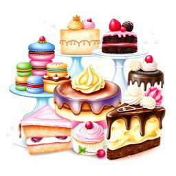 A beautiful watercolor painting of a delectable dessert display, featuring an array of mouthwatering pastries, cakes, and sweets