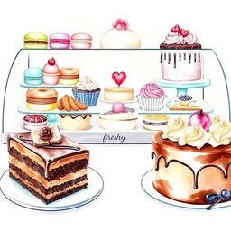 A beautiful watercolor painting of a delectable dessert display, featuring an array of mouthwatering pastries, cakes, and sweets