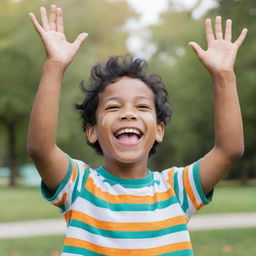 A 7-year-old boy with vitiligo, brown eyes, and black hair, is laughing joyfully, hands raised towards his head with a vibrant park setting as his backdrop.