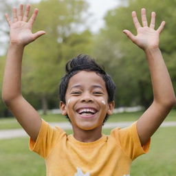 A 7-year-old boy with vitiligo, brown eyes, and black hair, is laughing joyfully, hands raised towards his head with a vibrant park setting as his backdrop.