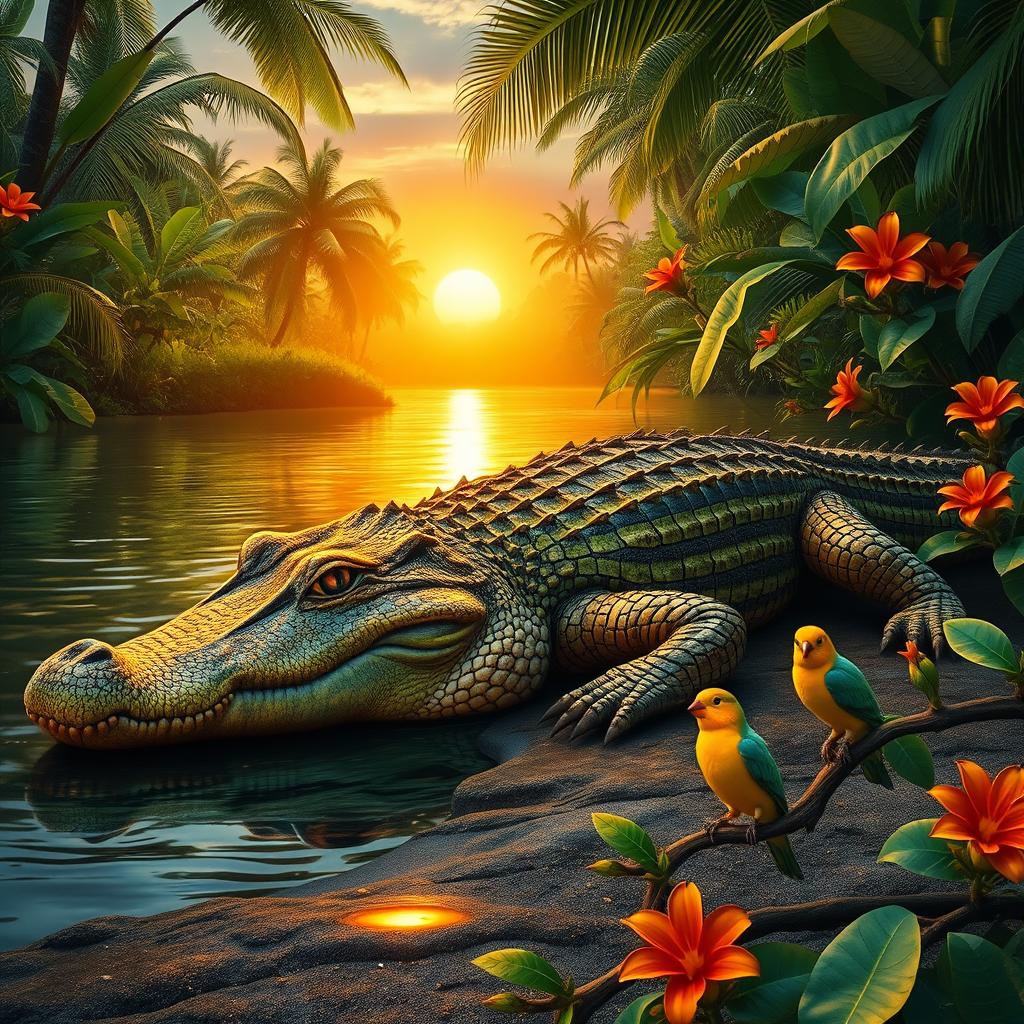 A realistic and majestic crocodile lounging by the riverbank in a tropical jungle, surrounded by lush greenery and vibrant flowers