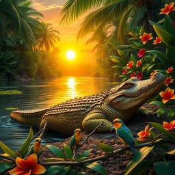 A realistic and majestic crocodile lounging by the riverbank in a tropical jungle, surrounded by lush greenery and vibrant flowers