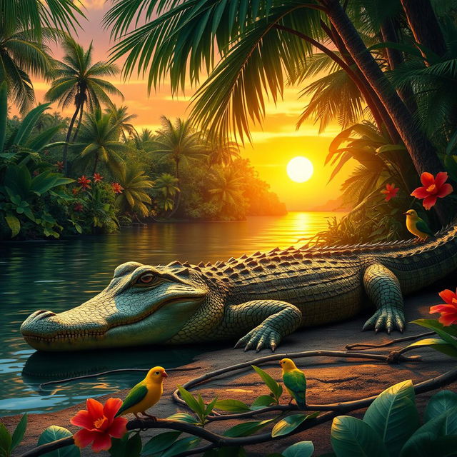 A realistic and majestic crocodile lounging by the riverbank in a tropical jungle, surrounded by lush greenery and vibrant flowers