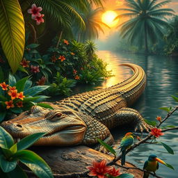 A realistic and majestic crocodile lounging by the riverbank in a tropical jungle, surrounded by lush greenery and vibrant flowers