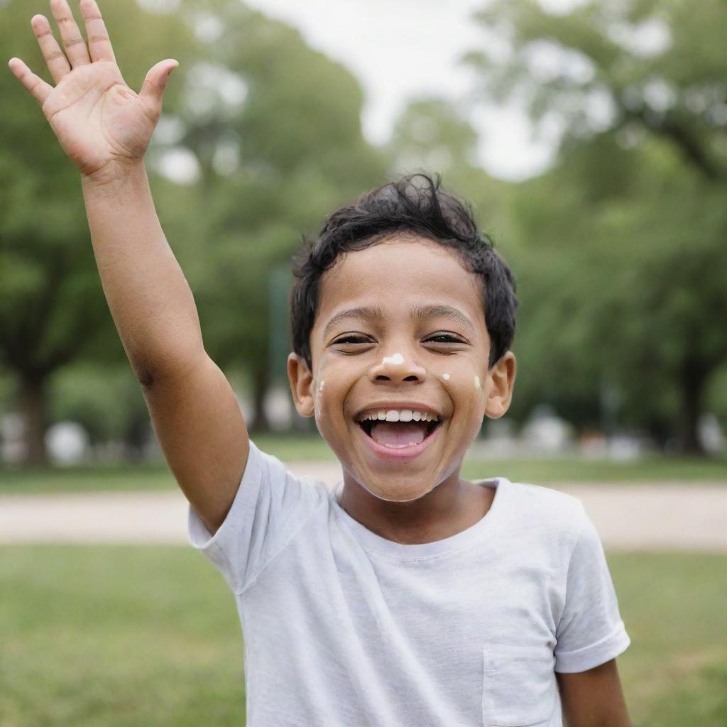 A 7-year-old boy with vitiligo, brown eyes, and black hair, is laughing joyfully, hands raised to his face, set against the backdrop of a lively park.