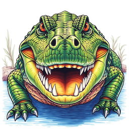 A detailed front view drawing of a crocodile, showcasing its powerful jaw and sharp teeth