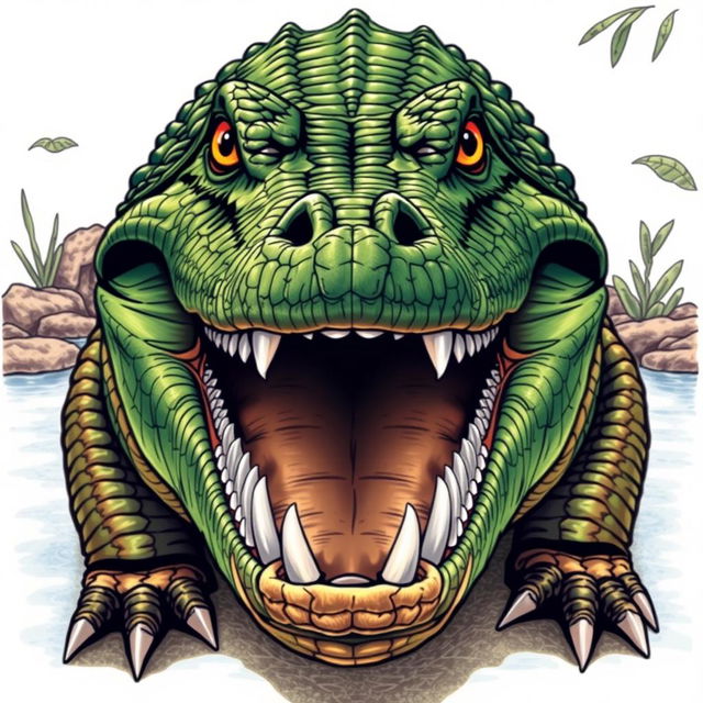 A detailed front view drawing of a crocodile, showcasing its powerful jaw and sharp teeth