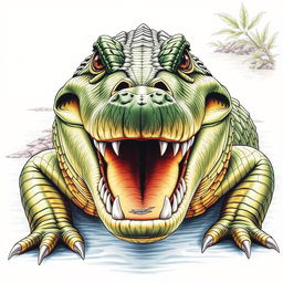 A detailed front view drawing of a crocodile, showcasing its powerful jaw and sharp teeth