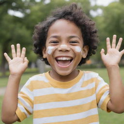 A 7-year-old boy with vitiligo, brown eyes, and black hair, is laughing joyfully, hands raised to his face, set against the backdrop of a lively park.