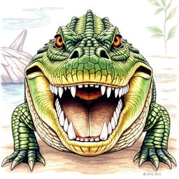 A detailed front view drawing of a crocodile, showcasing its powerful jaw and sharp teeth