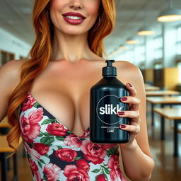 A close-up torso shot of a gorgeous female redhead wearing a floral-pattern sundress