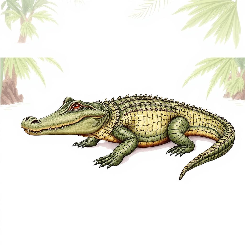 A detailed side view drawing of a crocodile, positioned slightly angled towards the front