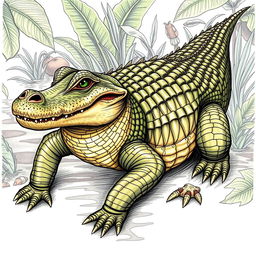 A detailed side view drawing of a crocodile, positioned slightly angled towards the front