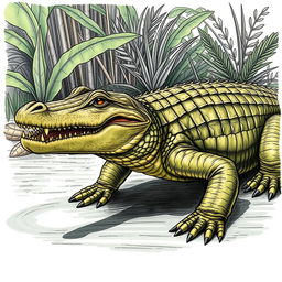 A detailed side view drawing of a crocodile, positioned slightly angled towards the front