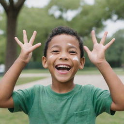 A 7-year-old boy with vitiligo, brown eyes, and black hair, is laughing joyfully, hands raised to his face, set against the backdrop of a lively park.