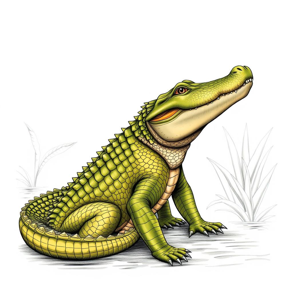 A detailed side view drawing of a crocodile, positioned slightly angled towards the front