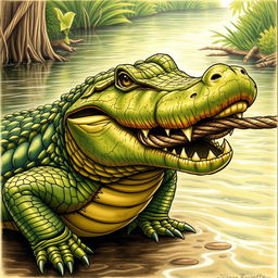 A captivating drawing of a crocodile with a piece of rope held firmly in its mouth