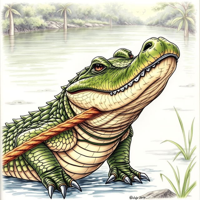 A captivating drawing of a crocodile with a piece of rope held firmly in its mouth