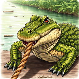 A captivating drawing of a crocodile with a piece of rope held firmly in its mouth