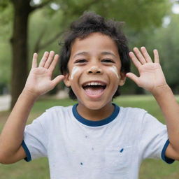 A 7-year-old boy with vitiligo, brown eyes, and black hair, is laughing joyfully, hands raised to his face, set against the backdrop of a lively park.