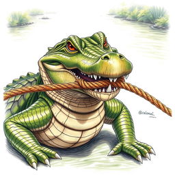 A captivating drawing of a crocodile with a piece of rope held firmly in its mouth