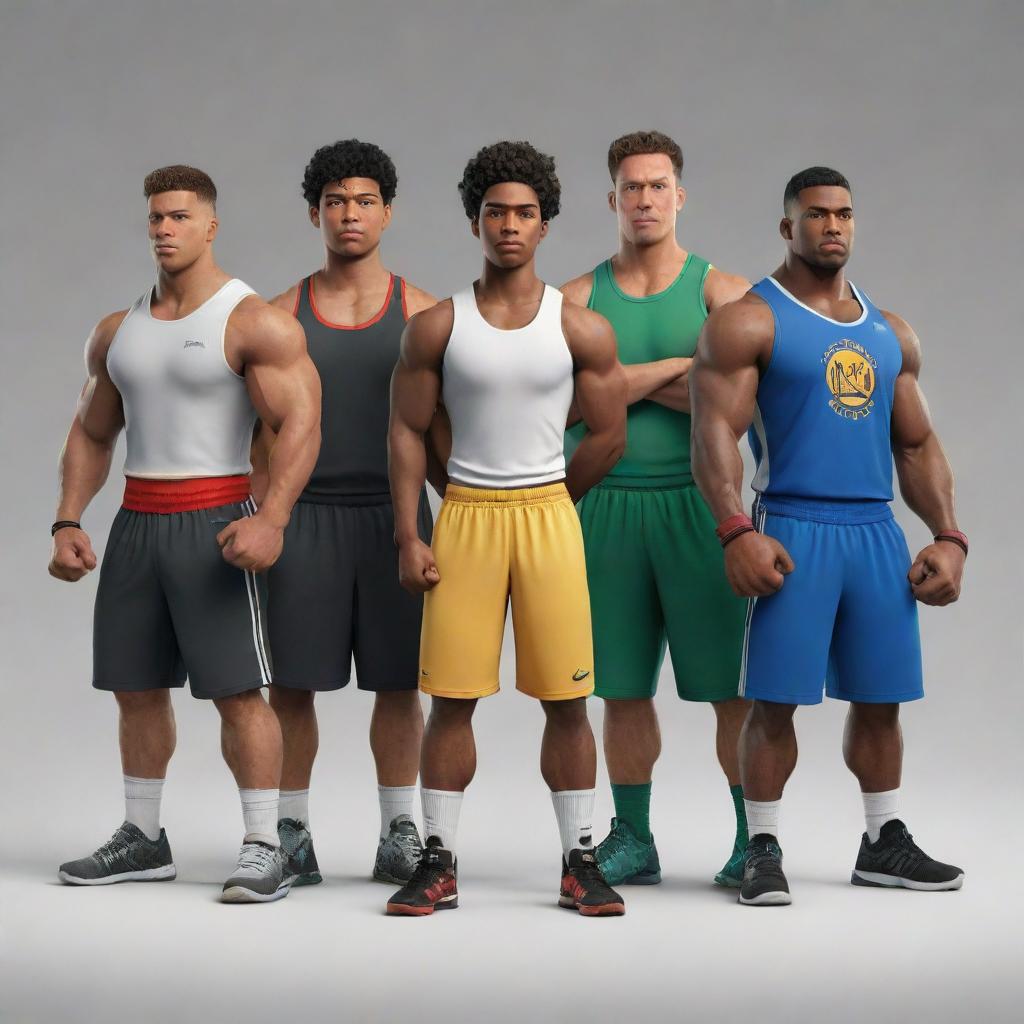 A group of six diverse characters standing together, exuding camaraderie and strength. Each sporting unique style and characteristics.