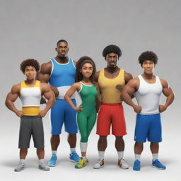 A group of six diverse characters standing together, exuding camaraderie and strength. Each sporting unique style and characteristics.