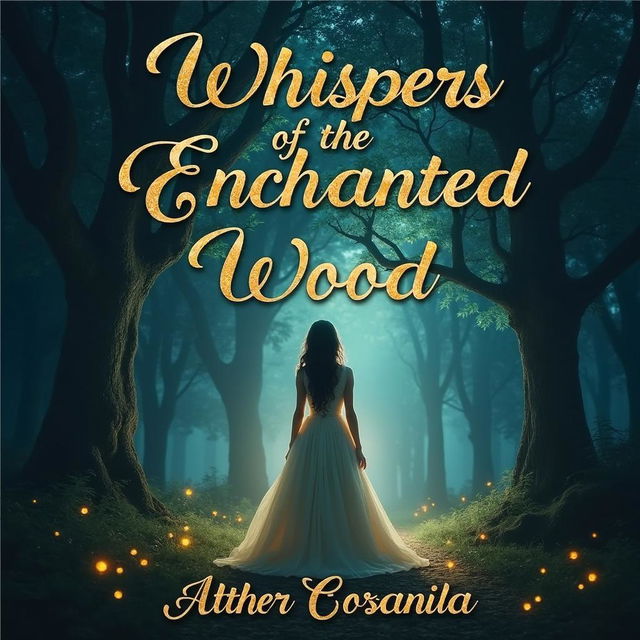 A captivating book cover design featuring a mystical forest at twilight, with glowing fireflies illuminating the path