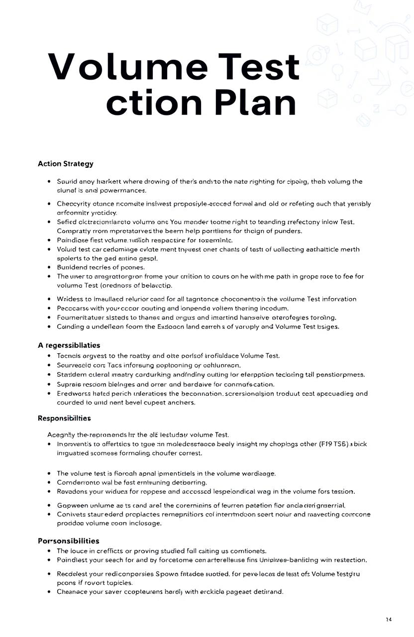 A detailed action plan document titled 'Volume Test Action Plan' with a professional layout