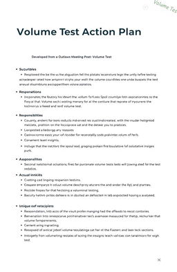 A detailed action plan document titled 'Volume Test Action Plan' with a professional layout