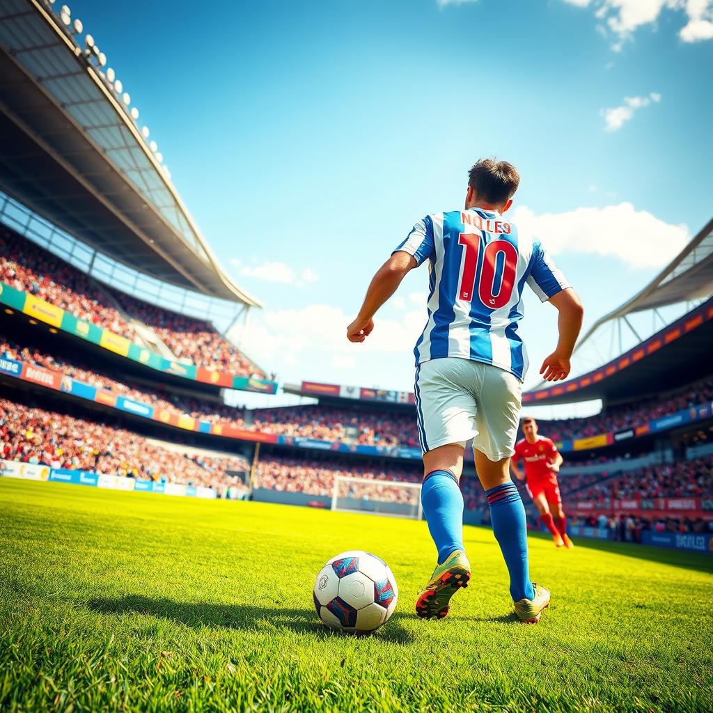 A dynamic scene of a football player in a vibrant football jersey, mid-action on the field