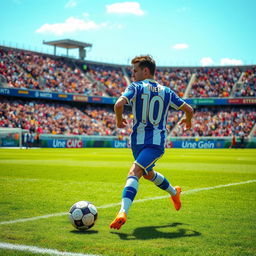 A dynamic scene of a football player in a vibrant football jersey, mid-action on the field