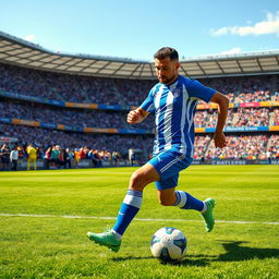 A dynamic scene of a football player in a vibrant football jersey, mid-action on the field