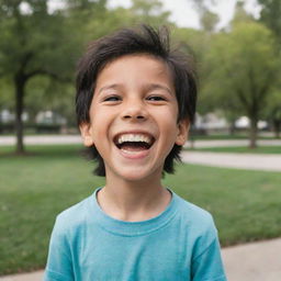 A 7-year-old boy with brown eyes and black hair is captured in a moment of laughter, framed against the backdrop of an inviting park.