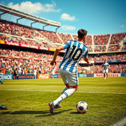 A dynamic scene of a football player in a vibrant football jersey, mid-action on the field