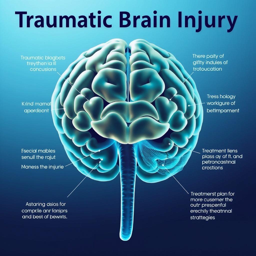 A detailed overview of Traumatic Brain Injury (TBI), including the causes, pathology of traumatic brain lesion, types of injuries such as concussion, contusions, diffuse axonal injury, hematomas, and skull fractures